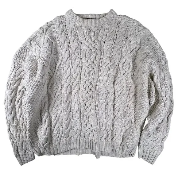 Vintage 80s Abercrombie Cable Knit Fisherman Sweater XL Ivory Oversized Big Tag - Picture 3 of 9